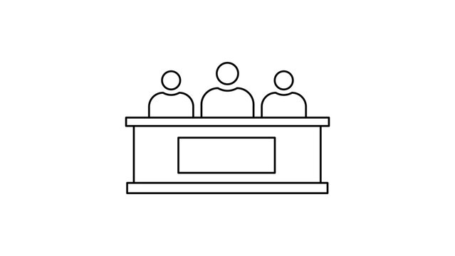 Arbitration panel minimalist black line vector icon illustration on white background representing three seated judges or committee members at a desk for legal, business, or court concepts.