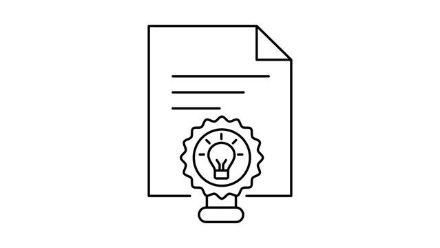 Patent filing and intellectual property protection concept vector icon illustration. Minimalist black line art of a document with a lightbulb seal representing invention, copyright, and law.