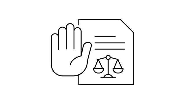 Injunction order minimalist black line vector icon illustration featuring a stop hand gesture over a legal document with scales of justice symbol, ideal for law, court, and justice concepts.
