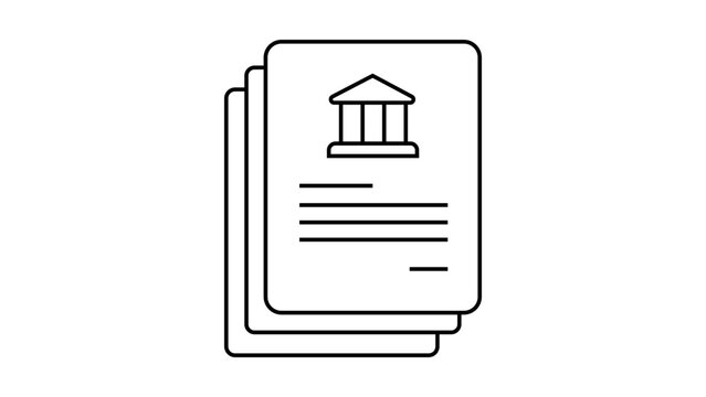 Minimalist black line vector icon illustration of a regulatory filing document stack with a government building symbol on a white background, perfect for legal, financial, or bank paperwork.
