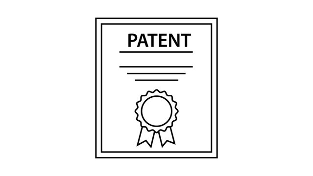 Patent document vector icon illustration. Minimalist black line art of a framed certificate with a seal and ribbons. Professional legal intellectual property symbol for business and law.