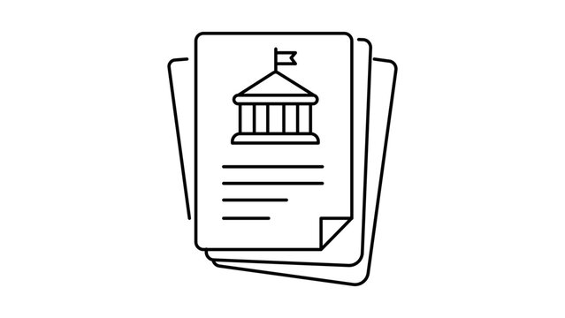 Regulatory Filing and Government Compliance Documents: A Minimalist Black Line Vector Icon Illustration of a Stack of Papers with a Capitol Building Symbol on a Clean White Background.