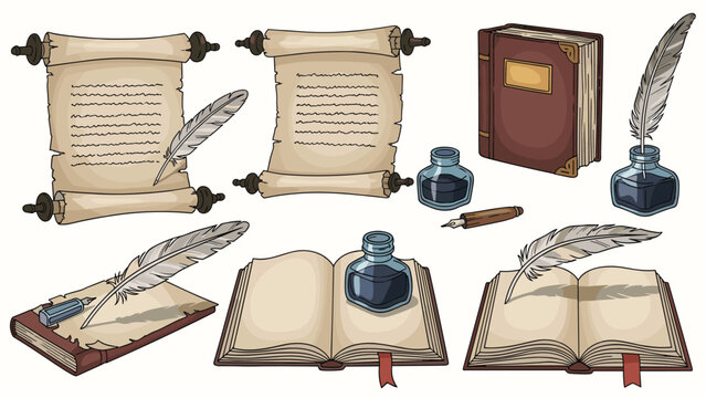 Collection of historical writing tools includes parchment scrolls, old leather-bound books, inkwells, and feather quill pens.