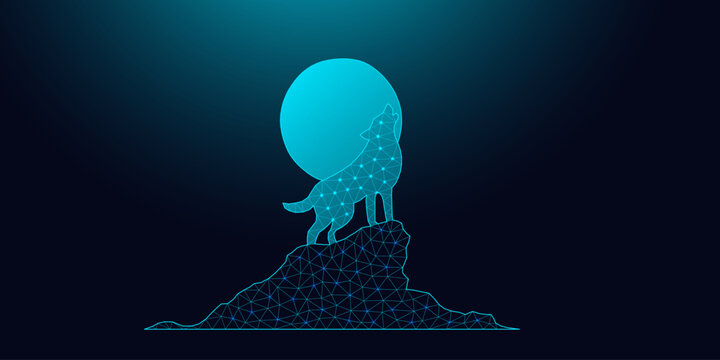 Low poly wireframe wolf howling at the full moon on dark blue background.