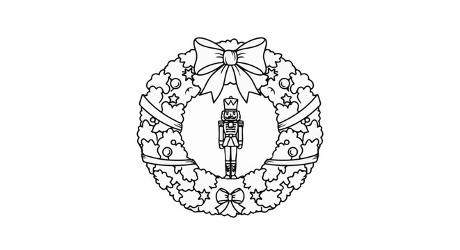 Stylized line art of a Christmas wreath with a nutcracker figure at its center