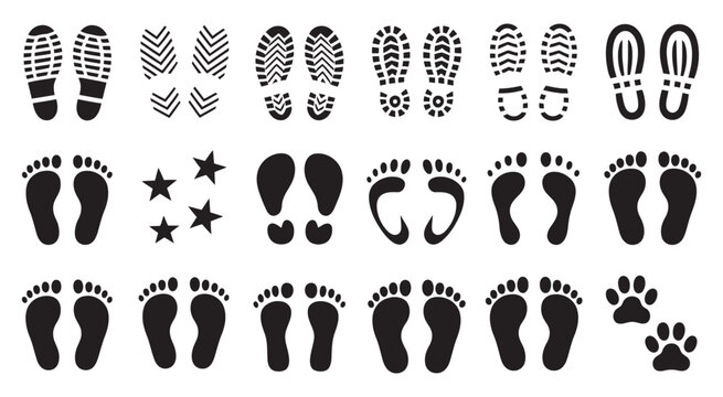 Human footprints vector set, bare foot tracks shoes kids feet icon collection footsteps navigation trail route path tracking illustration design