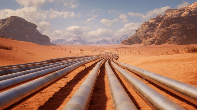 Pipeline networks: silent witnesses to the world's energy dilemma. Creative concept. Rocky horizon and steel snakes: a breathtaking look at energy's impact. Fantastical figures.