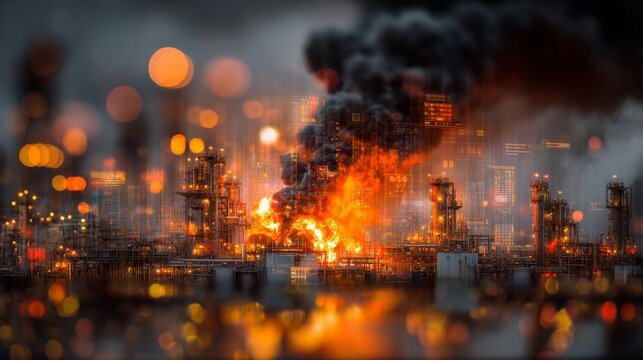 Industrial inferno: the impact of refinery explosions. Futuristic screens. Industrial blaze: a fiery explosion rocks the oil refinery. Ai visuals. Neon interfaces.