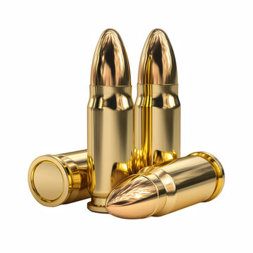 Set of golden bullets 3D render, luxury shiny metallic ammunition group isolated on transparent background