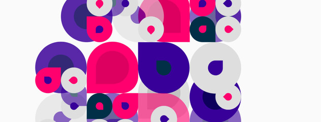 Fototapeta premium Abstract circles overlap, creating vibrant patterns. Purple, pink, white dominate composition. Modern design, playful aesthetic.