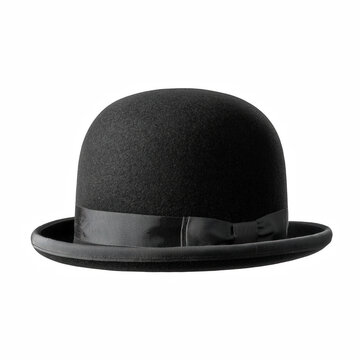 Realistic black bowler hat with ribbon band isolated on transparent background