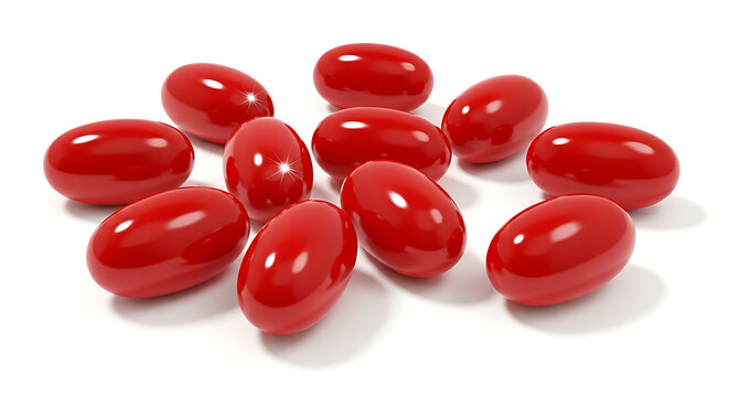 A collection of glossy red kidney-shaped beans or seeds laid out in a cluster