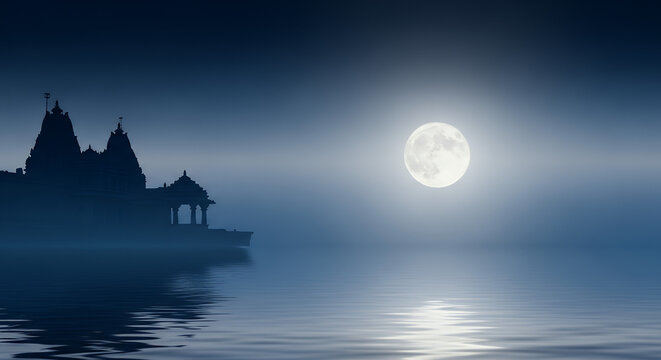 Shravan Purnima, gradient dark blue and silver, moonlight and temple forms on left background