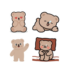 Fototapeta premium Cute baby bear character set showing four different moods: love with heart eyes, sleeping, waving hello, and resting on a pillow for nursery products and stickers.