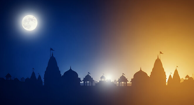 Shravan Purnima, night gradient deep blue to gold, glowing full moon embedded