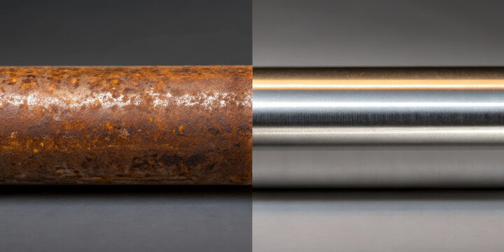 Corroded pipe rust metal macro leaking oil industrial texture damaged comparison clean shiny steel deterioration surface contrast closeup maintenance repair oxidation decay