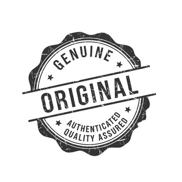 Vintage genuine original rubber stamp vector, black authenticated quality assured seal, distressed circular badge for product certification