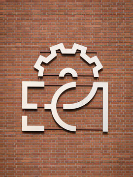EC1 logo mounted on a brick facade of a former power plant complex in Lodz, a major science and culture center and example of industrial revitalization.