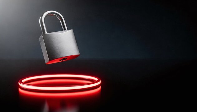 Silver Padlock Hovering Over a Red Neon Circle on a Dark, Reflective Surface ? Digital Security, Access Control, and Data Protection Concept