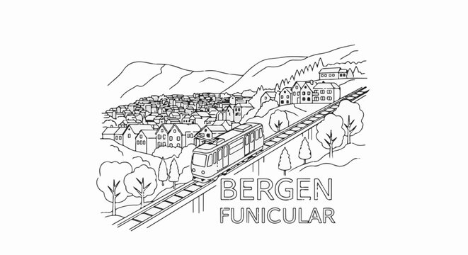 Stylized line art of a historic funicular train ascending a steep, house-covered hill