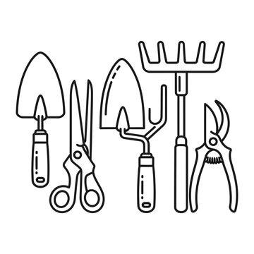 Collection of essential garden hand tools in a line drawing style with yard work