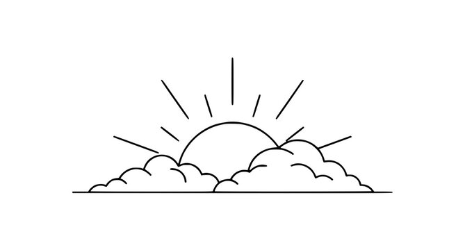 Simple line drawing of sun rising over clouds with minimalist, daybreak