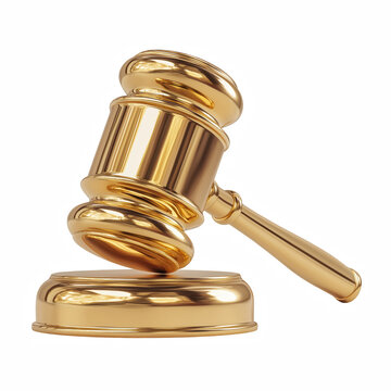 Realistic golden judge gavel and sound block isolated on transparent background