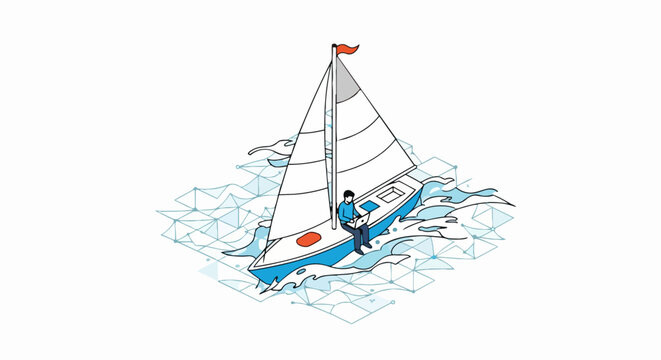 Digital Nomad Concept: Isometric Illustration of Professional Working on Laptop from Sailboat over Networked Data Ocean