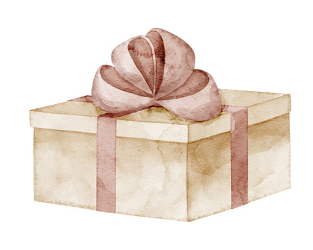 Gift box watercolor illustration with ribbon and bow in beige and pink pastel colors. Hand painted Present isolated on background. Suitable for childish birthday cards, invitations or party design.