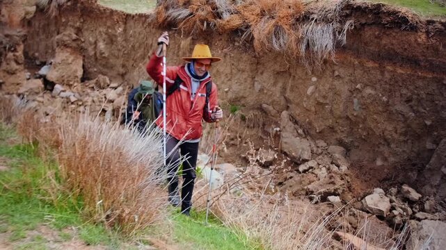 two hikers climbing out of eroded ravine after difficult crossing, showing recovery, determination, overcoming obstacle during challenging mountain trek in rugged terrain, difficult mountain crossing