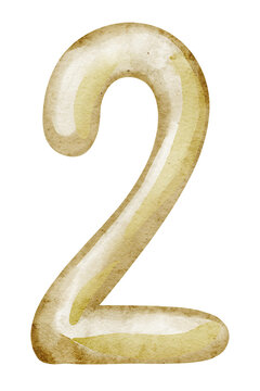 Number Two watercolor illustration in golden tones. Hand painted Digit isolated on background. Suitable for childish birthday, anniversary and celebration typography design.