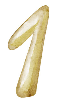 Number One watercolor illustration in golden tones. Hand painted Digit isolated on background. Suitable for childish birthday, anniversary and celebration typography design.