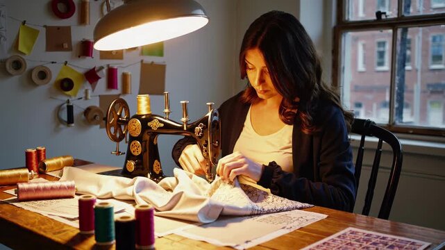 Diligent seamstress focusing on her work, using a classic black and gold sewing machine to stitch a pattern onto fabric in a cozy, well lit workshop with spools of thread on the table