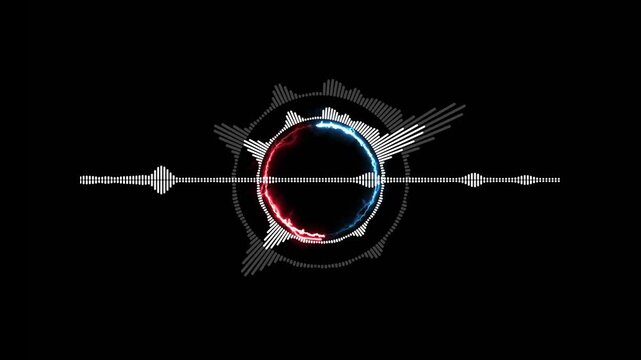 Glowing neon audio circle waveform spectrum animation isolated on black background