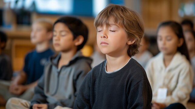 Elementary students following guided imagery meditation led by counselor in sensory-friendly room with dimmed lights and calming wall colors, perfect for anxiety reduction therapeutic techniques