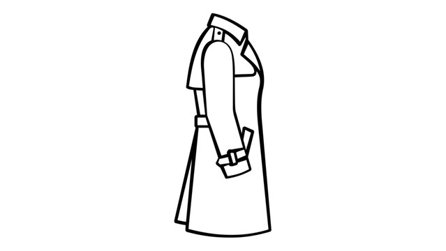 Minimalist vector illustration of a classic trench coat side view icon. Scalable black and white line art of a stylish long overcoat with belt and collar details for fashion and apparel design.