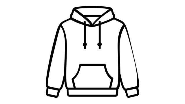 Minimalist black and white vector icon illustration of a casual hoodie sweatshirt featuring drawstrings and a front pocket, ideal for fashion retail, apparel design, and clothing symbols.