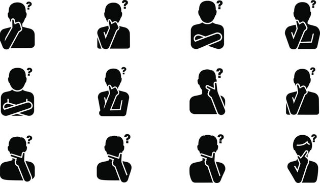 Silhouette icons of people thinking and questioning for decision making and problem solving