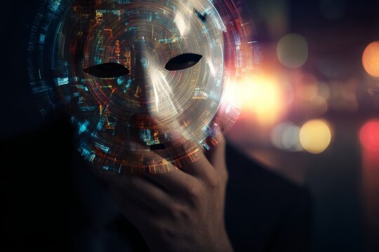 Exposing the invisible: understanding ai-driven fraud. Mechanical being. The intricacies of facial tech: man with mask in cybernetic patterns. Robotic evolution. Ai persona.