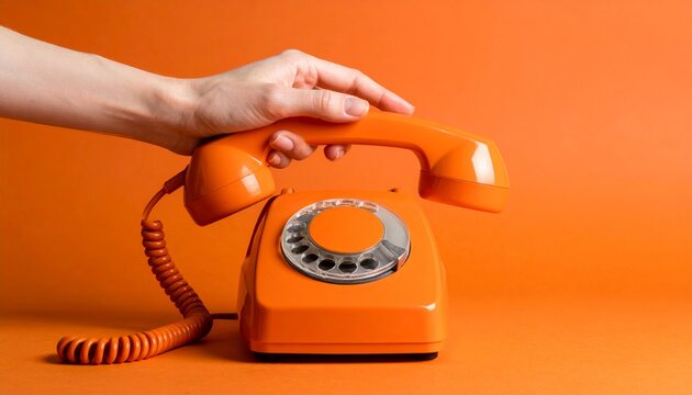 Telephone Orange Retro Rotary Phone on Orange Background