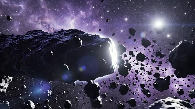 Massive asteroids drifting through a cosmic purple nebula with a bright sun flare, cinematic 3D space exploration for sci-fi visuals, astronomy education, or gaming backgrounds.