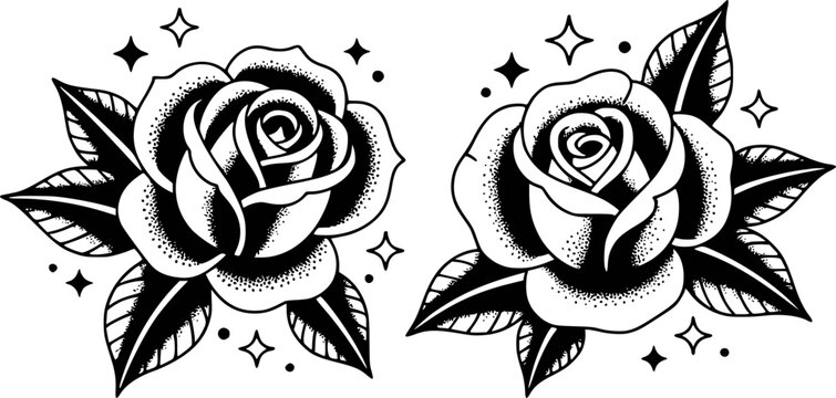Black and white traditional tattoo style roses with stars and dots white background