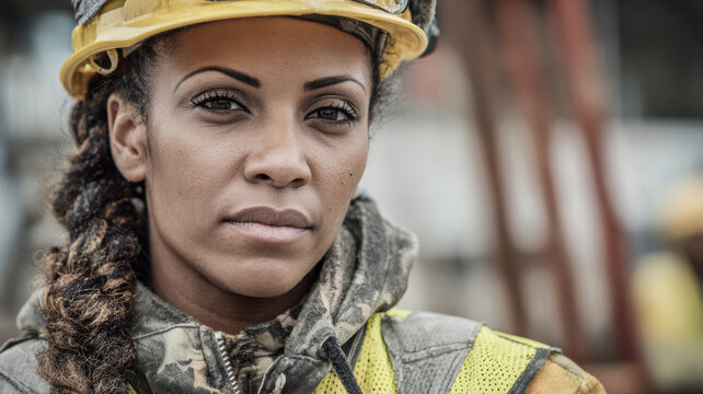 Female diversity. Human rights, equal opportunity concept. A closeup portrait of a woman wearing a yellow hard hat and reflective safety vest. She has braided hair and wears a camouflage jacket.