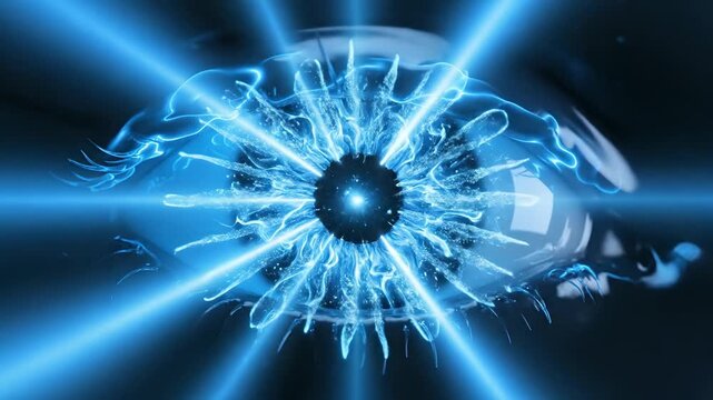 Futuristic digital blue eye with glowing energy rays and electric particles, biometric iris scan technology, AI vision concept, sci-fi human machine interface animation.