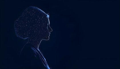 Fototapeta premium A futuristic digital illustration of a woman's profile made of stars and light trails on a dark blue background