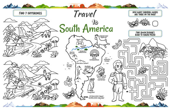 Educational activity worksheet about South America for children. Сoloring page with map, historical maze with Simon Bolivar, find differences game and carnival masks, vector line art