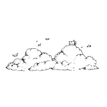 Whimsical illustration of a curious cat sitting on puffy white clouds with birds flying around