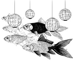 School of fish swim under disco balls in a mesmerizing black and white illustration with shiny scales and dynamic movement © Dursha