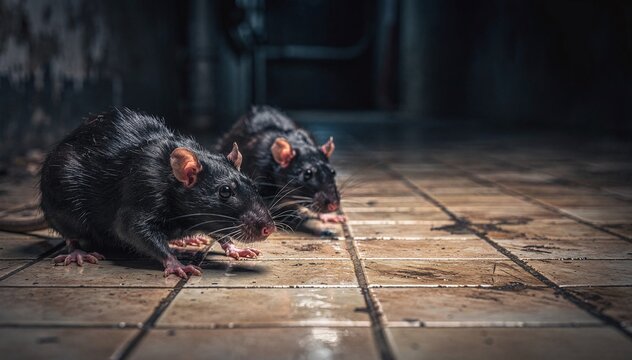 Two dark rodents with shiny fur, long whiskers, and pink ears, search for food on dirty tiled floor in a dimly lit, grungy urban environment