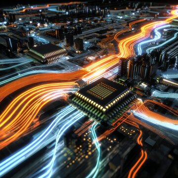 The neural nexus: unveiling general artificial intelligence. Data links. Ai motherboard: a symphony of technology and light. Data network. Fiber optics.